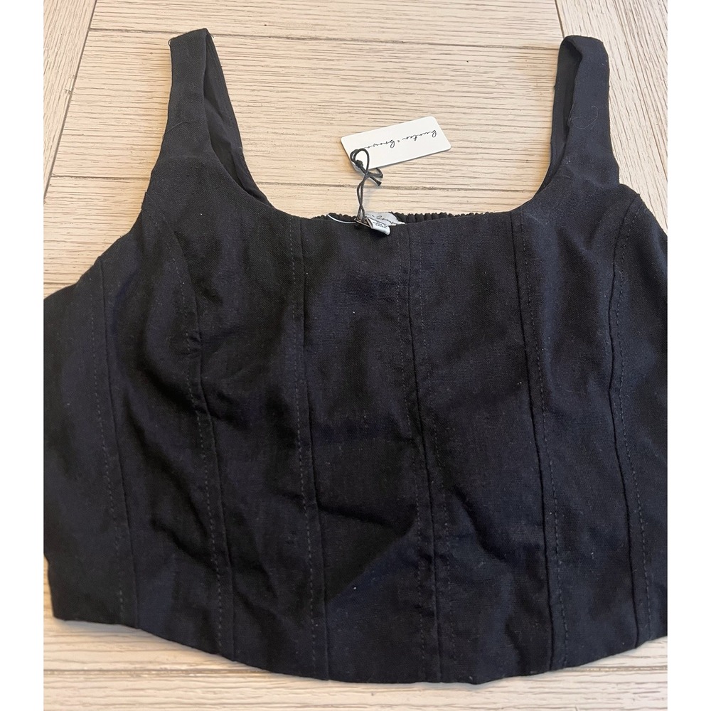 NWT Hunter & Brown Black Linen Blend Corset Crop Tank Top W/ Side Zip, Sz L